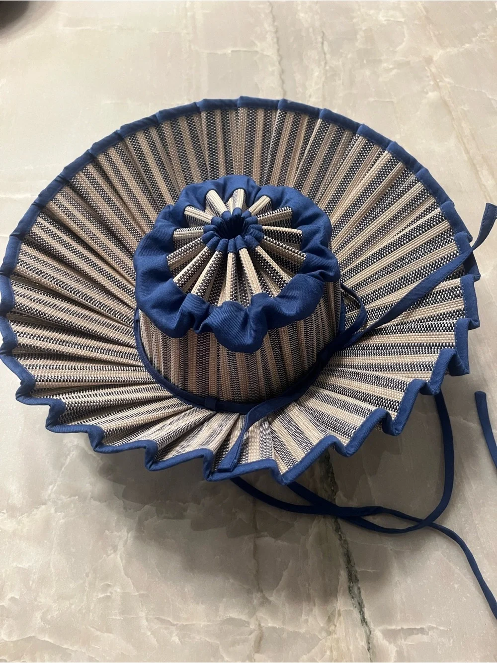 Striped blue and Cream Pleated Wide-Brim Sun Hat Lorna Murray